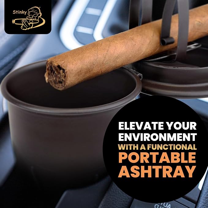 Stinky Cigar Car Ashtray, Matte Brown | Premium Stainless Steel Ashtray Cup with Spring Clip Mechanism for All Cigar Sizes - Perfect On The Go Accessory for Cigar Enthusiasts and Automobiles
