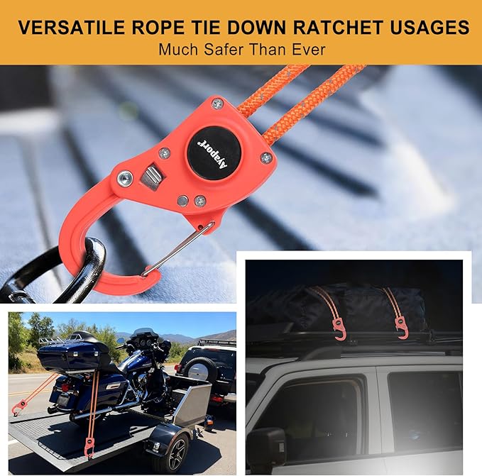 Ayaport Rope Tie Down Ratchet with Safety Lock Clip 1/4" x 12' Heavy Duty One-Piece Adjustable Kayak Straps for Tent, Tarp, Canopy Tie Downs, 4Pk Orange