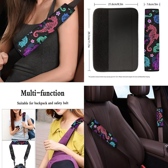 Tribal Sea Horse Car Interior Accessories Set of 13, Colorful Seahorse Front Rear Seat Breathable Car Seat Cover, Ethnic Ocean Creature Seat Belt Cover Keychain