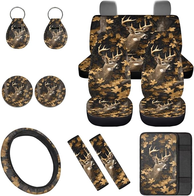Camo Hunting Deer 12 Pack Car Seat Covers Full Set with Car Steering Wheel Cover Arm Rest Cover Auto Seat Belt Cover Cup Coasters and Keychain Holder Universal Fit Most Cars SUV