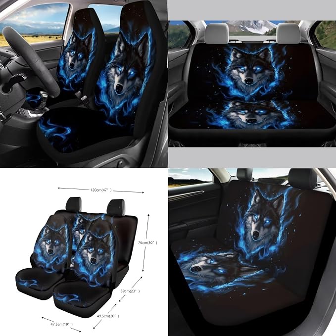 Wolf Flame Print Car Accessories Sets Wild Camo Car Seat Cover Steering Wheel Cover Seat Belt Pads Trash Cans Universal fit for SUV,Van,Saden,Truck Automobile Interior Sets, 15 Pcs, Black