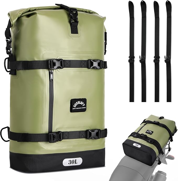 Motorcycle Saddle Bag, 30L Waterproof Motorcycle Tail Bag | 2 Size and 3 Color Options Travel Bag, PVC Bag, Rear Seat Bag, Field Green GT-30GN