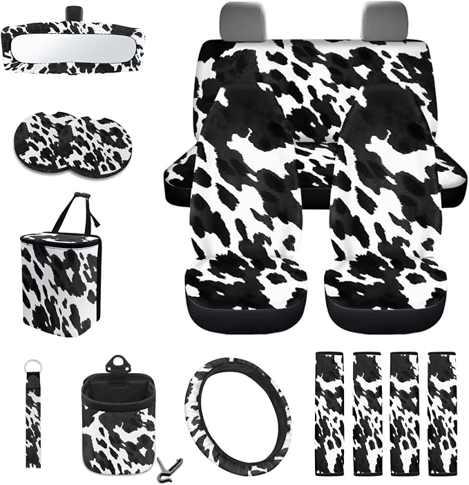 Cow Pattern Car Seat Covers Full Set Steering Wheel Cover Trash Can Air Vent Storage Bag Seatbelt Covers Rearview Mirror Cover Cup Coasters 15pcs Car Interior