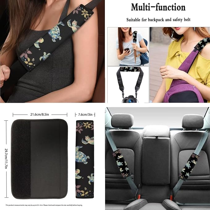 AFPANQZ Sea Turtle and Floral Car Seat Covers with Seat Belt Shoulder Pads Cup Holder Steering Wheel Cover Gear Shift Knob Cover Handbrake Protector Full Set of 11 Car Interior Decor
