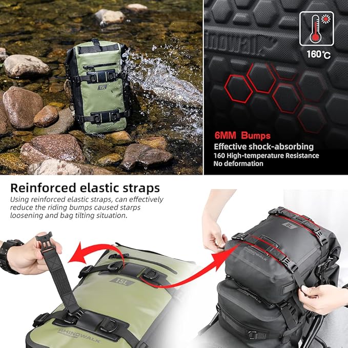 Rhinowalk Motorcycle Tail Bag Motorbike Side Bag 15L Full Waterproof Motor Saddle Pannier Bag Rear Rack Trunk Professional Motor Accessories-Green