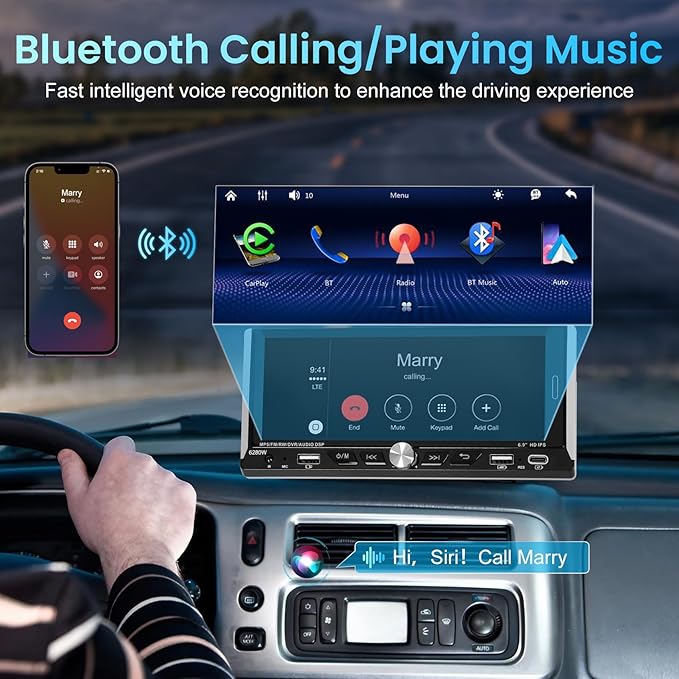 Single Din Car Stereo with Wireless Apple Carplay Android Auto, 6.9" IPS Touchscreen Car Stereo with Bluetooth 5.2 Handsfree Mirror Link Backup Camera GPS Navigation Dual USB Fast Charge FM AM EQ SWC