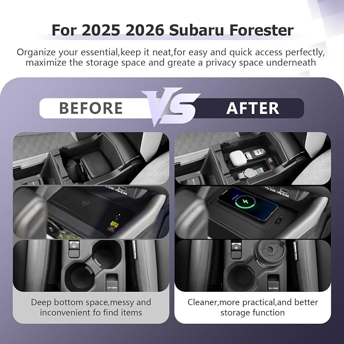 LUWU for 2025 2026 Subaru Forester Accessories for 2025 2026 Forester Wireless Charging Mat - Center Console Cup Holder - Armrest Console Storage Box 3-Pack (Not for 2026 Touring/Wilderness/Premium)