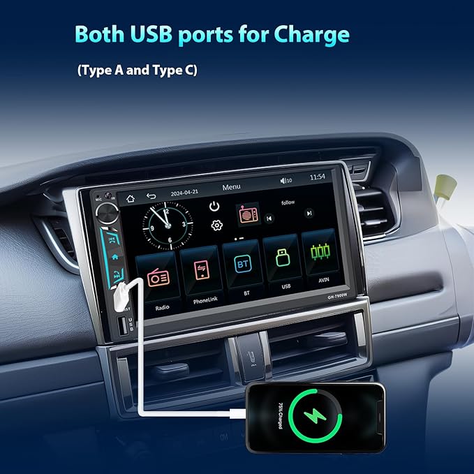 Double Din Car Stereo 7 Inch Touchscreen Compatible with [Wireless] Apple CarPlay/Android Auto Bluetooth FM Radio USB Type-C Backup Camera