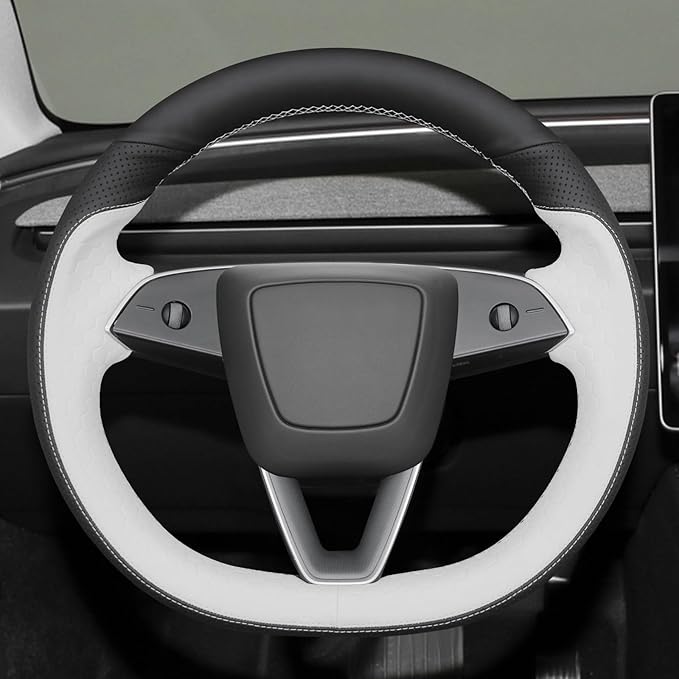MEWANT Stitching Black White Embossed Faux Leather Steering Wheel Cover for Tesla Model 3 Highland 2025 Model Y Juniper