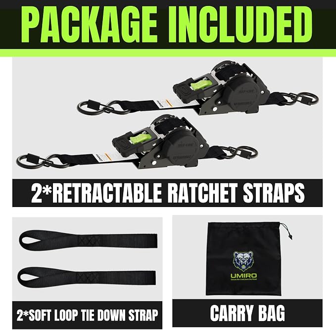 Retractable Ratchet Straps 1''x 12ft Heavy Duty Tie Downs Bolt on Auto Retract Ratchet Strap 1760lb Break Strength Self Retracting for Truck,Cargo,Trailer,Motorcycle,ATV,UTV (Black-Green,2 Pack)