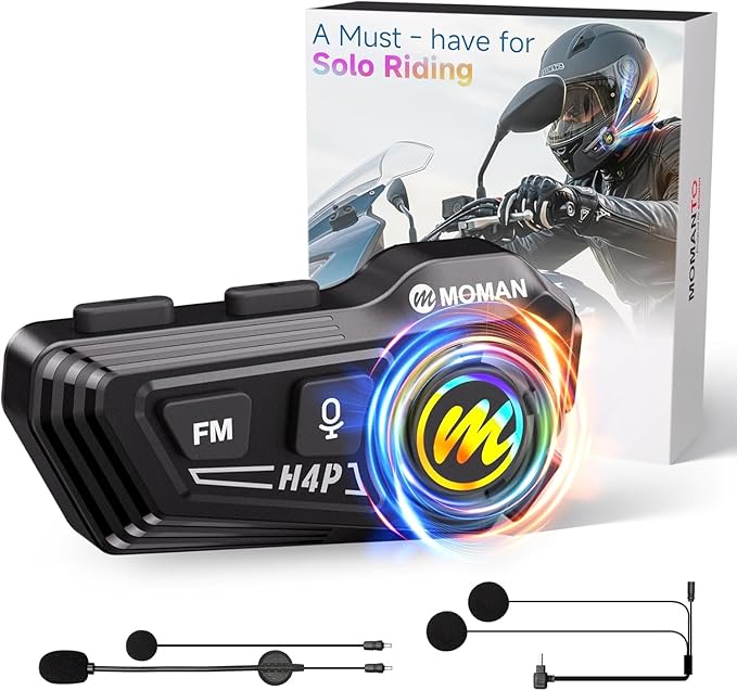 Motorcycle Helmet Headset, Moman RS-H4P Motorbike Headphone with Hi-Fi Speakers Dual Noise Reduction【New Upgrade】in RGB/FM/Glove-Friendly Button/Soft & Hard Mic/AI Voice/IPX6 Earphone for Solo Riding