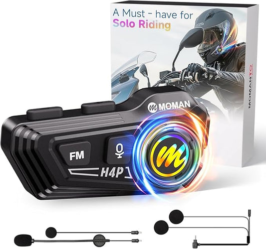 Motorcycle Helmet Headset, Moman RS-H4P Motorbike Headphone with Hi-Fi Speakers Dual Noise Reduction【New Upgrade】in RGB/FM/Glove-Friendly Button/Soft & Hard Mic/AI Voice/IPX6 Earphone for Solo Riding