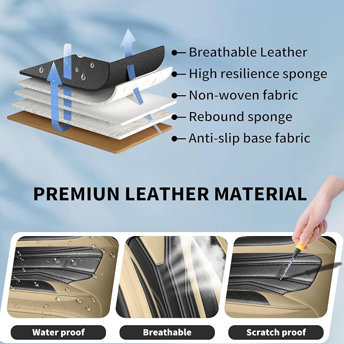 Fit Rogue Car Seat Covers Premium Leather for Nissan Rogue 2015-2025 2026. Waterproof， Anti-Slip, Scratch-Resistant & All-Weather Seat Cushion Protector (Full Set, Beige&Black)