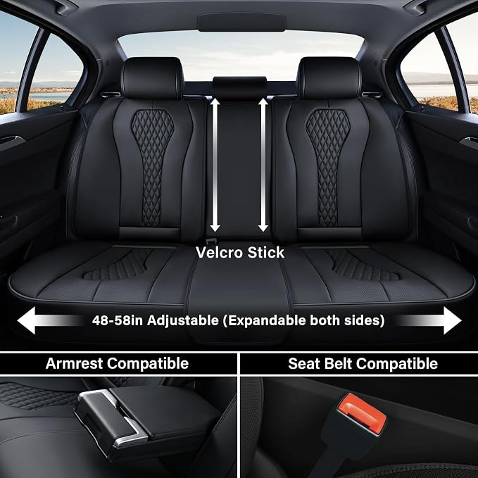 Coverado Back Seat Covers, Waterproof Car Protectors, Black Leather Seat Covers, 3-Piece Automotive Seat Covers for Back Seats Universal Fit for SUVs & Cars, All-Weather Protection