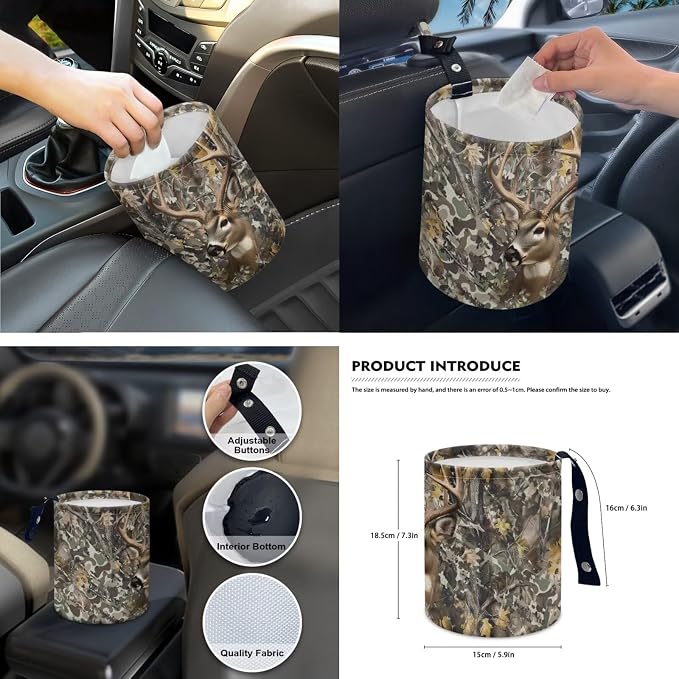 15 Pcs Camo Hunting Deer Car Seat Cover Full Set for Women Men with Car Steering Wheel Cover Seat Belt Cover Trash Bin Front Rear View Mirror Car Cup Holder Keychain