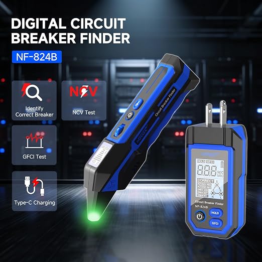 NOYAFA Rechargeable Circuit Breaker Finder with LCD Display & GFCI Outlet Tester, NCV AC Electrical Tester Circuit Tracer Flashlight, Includes Carrying Case and Adapters- NF-824B