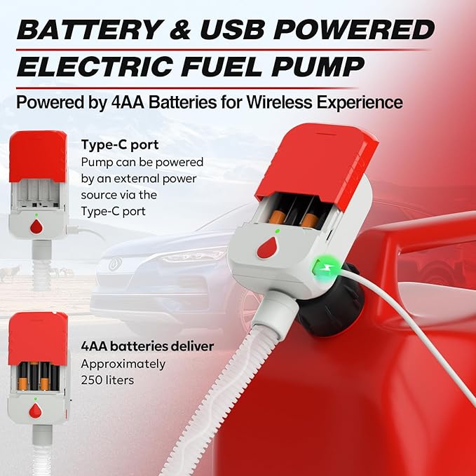 Keimi Portable Fuel Transfer Pump with Auto-Stop, 3.8 Gallon per Min, 51" Extra Long Hose, Battery & USB Powered, 4 Can Adapters, Leak-proof Gas Pump for Oil, Diesel and Gasoline