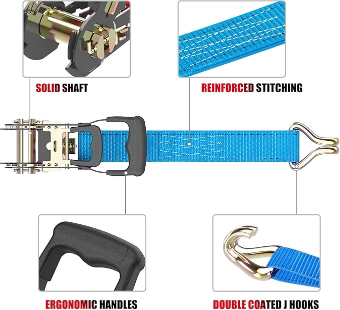 AWELCRAFT Ratchet Straps Heavy Duty 4 Pack,4500lbs Breaking Strength,1.5in×15ft Tie Down Ratcheting Strap with Padded Handles, Double J Hooks & Soft Loops for Motorcycle,Trailer & Trucks (Blue)
