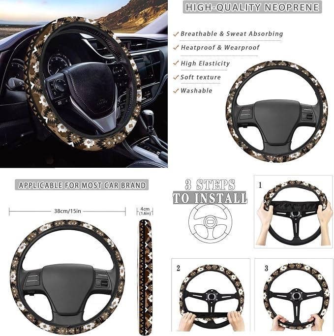 Dreaweet Aztec Brown Cow Print Car Seat Covers Full Set Cute Sunflower Highland Cow Car Accessories,Car Steering Wheel Cover Armrest Cover Seat Belt Pads Cup Holders Gear Shift Cover Handbrake Cover