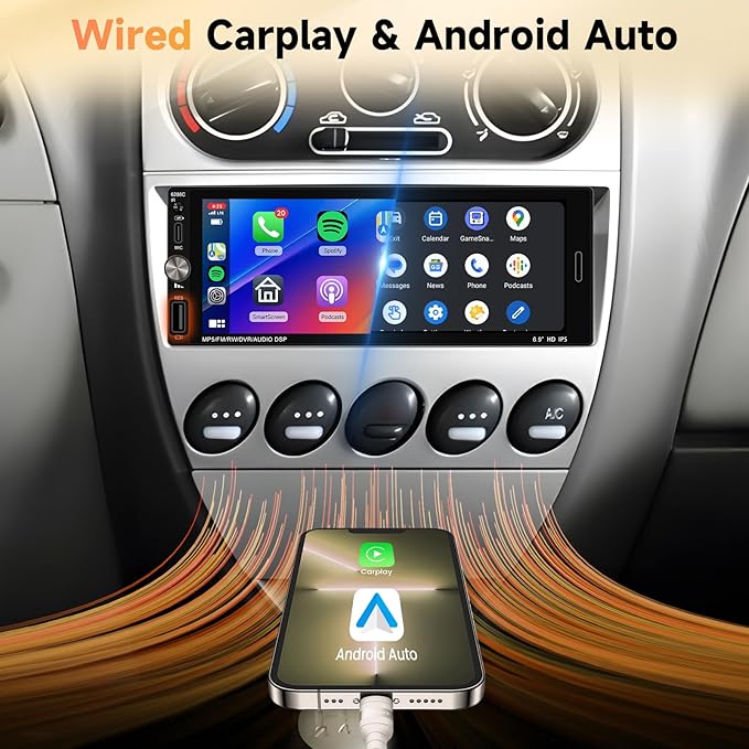 Single Din Car Stereo Compatible with Carplay Android Auto, METEESER 6.9 Inch Bluetooth5.2 Car Stereo with Backup Camera,1280 * 480 IPS Touch Screen Car Radio Support FM/Mirror Link/SWC/USB/DVR/EQ