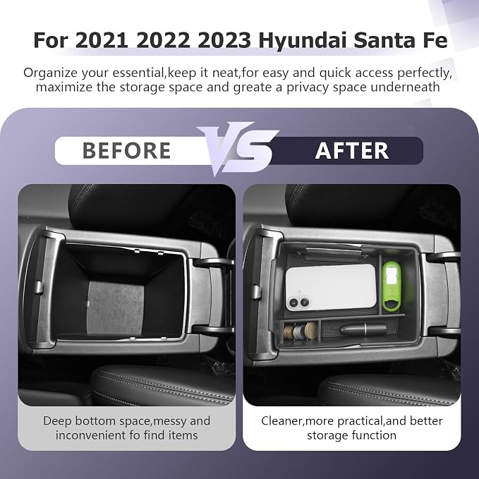 LUWU Center Console Organizer for 2021 2022 2023 Hyundai Santa Fe SE/SEL/XRT/Limited/Calligraphy Accessories Armrest Console Tray Storage Box ABS Material 2022 2023 Santa Fe Accessories Black