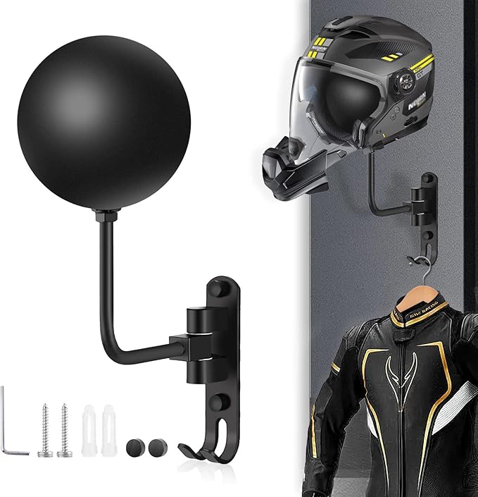 Kikerike Motorcycle Helmet Rack Wall Mount 180 Degree Rotation Metal Bike Helmet Holder Mount Bicycle Helmet Display Hanger Stand with 2 Hooks for Motorcycle Bike Baseball Rugby Helmet - Black, 1 Pcs
