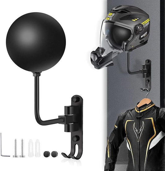 Kikerike Motorcycle Helmet Rack Wall Mount 180 Degree Rotation Metal Bike Helmet Holder Mount Bicycle Helmet Display Hanger Stand with 2 Hooks for Motorcycle Bike Baseball Rugby Helmet - Black, 1 Pcs