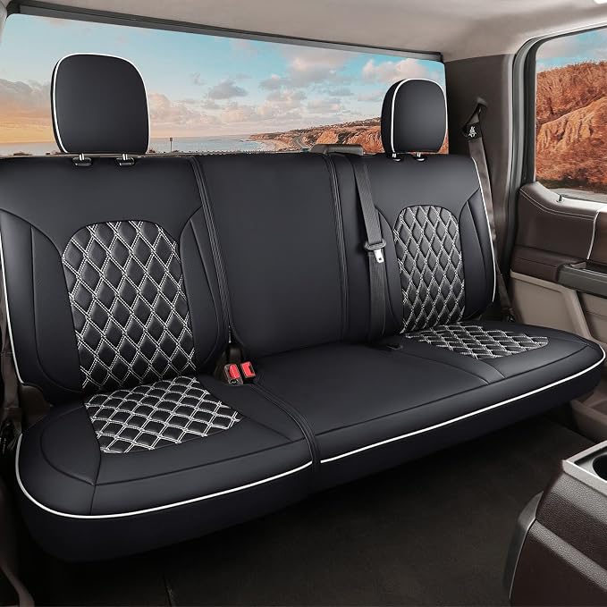 Huidasource Fit for GMC Sierra/Chevy Silverado Rear Seat Cover, Thickened Split Nappa Leather Truck Back Seat Cover 2007-2013&2019-2025 1500, 2020-2025 2500HD 3500HD Crew Cab WT LS LT, Black＆White