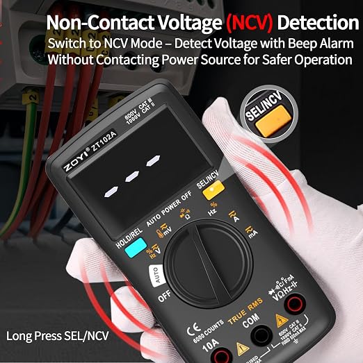 ZOYI Digital Multimeter, True RMS Auto-Ranging 6000 Counts with NCV. 750V AC, 1000V DC auto Identification, Data Hold, Resistance, Capacitance, Diode, Frequency and Temperature Measurement