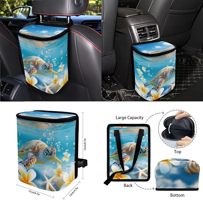 Sea Plumeria Starfish Shell Pattern Auto Accessories Set of 15, Car Seat Covers Steering Wheel Cover Seat Belt Cover Air Vent Storage Bag Keychain Trash Bin and Mirror Cover