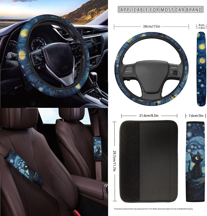 15Pcs Car Seat Cover Full Set Car Steering Wheel Cover Seat Belt Cover Trash Bin Air Vent Storage Box Front Rear View Mirror Car Cup Holder Keychain, Black Cat Starry Night