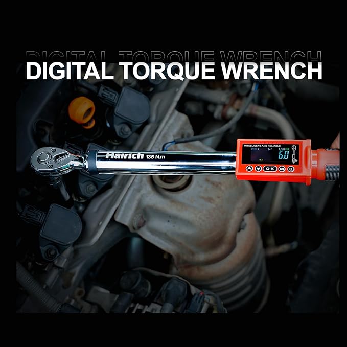 Hairich Upgrade 3/8 Digital Torque Wrench 5-100FT-LB/0-135N.M, Torque Range Accurate to ±2%,Electric Torque Wrench car with Buzzer and LED Flash Notification for Bike/Motorcycle/Auto Repair