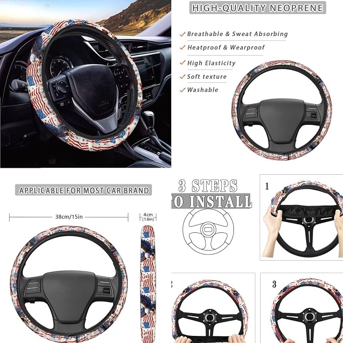 American Flag Eagle Car Seat Cover Set, 11 Piece, 250 Years of Freedom, with Steering Wheel Cover/Seatbelt Pad, Non-Slip Patriotic Auto Accessories for 4th of July & 250th Anniversary