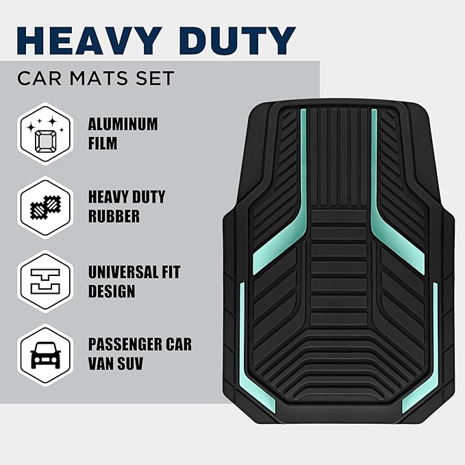 PIC AUTO Heavy Duty Rubber Floor Mats, Mint Aluminum Film Car Mats Set, Front and Rear Car Mats with Anti-Slip Backing, All Weather Protection, Trim-to-Fit for Automotive SUV, Sedan, Van