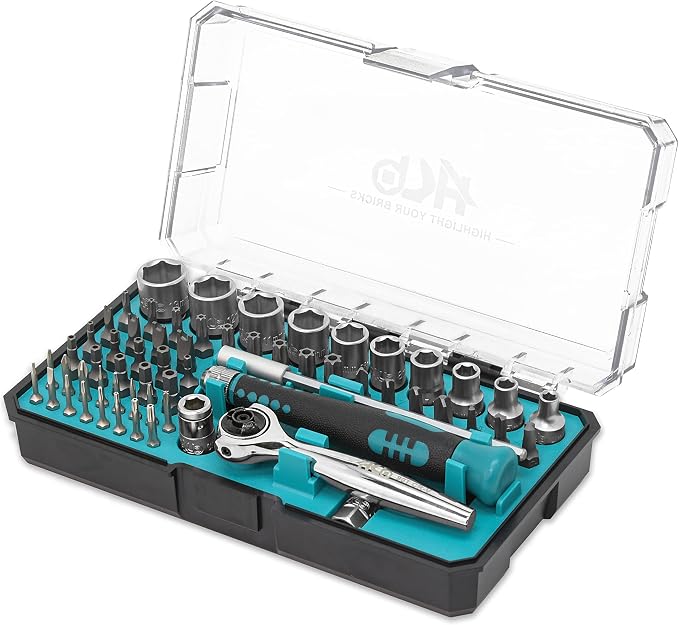 HB 62-Piece Socket and Precision Bit Set AKM026-U 90-Tooth 1/4-In Drive Swivel Head 270° Mini Ratchet Quick Release Reversible Security Bits Chrome Vanadium Steel S2 Steel Portable Case Made in Taiwan
