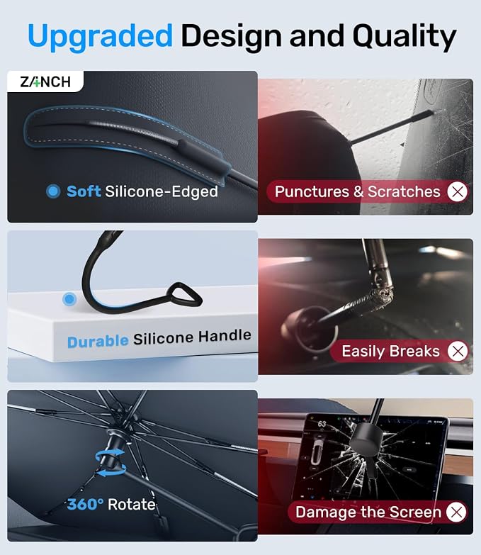Zanch 2026 Upgraded Car Windshield Sun Shade [Cool Down by 75℉ ] with Heat Insulation Coating, Foldable Sunshade Umbrella with Flexible Handle & Ribs, Large (34''x61'') for Large SUV, Truck, Van