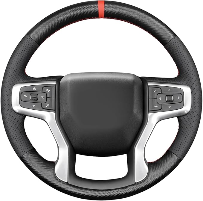 MEWANT Steering Wheel Cover for Chevy Silverado 1500 2019-2024/2500 3500 2020-2024/Blazer 2019-2024/Suburban Tahoe 2021-2024 Carbon Fiber Hand-Stitched Steering Wheel Wrap