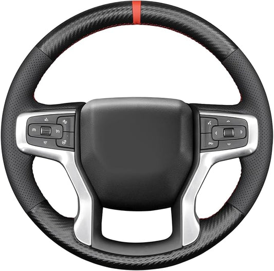 MEWANT Steering Wheel Cover for Chevy Silverado 1500 2019-2024/2500 3500 2020-2024/Blazer 2019-2024/Suburban Tahoe 2021-2024 Carbon Fiber Hand-Stitched Steering Wheel Wrap