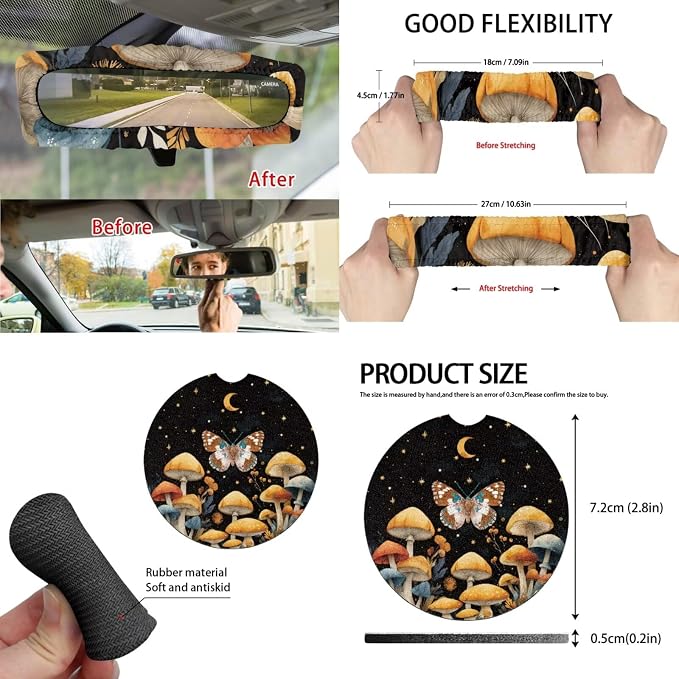 Butterfly Moon Mushroom Car Seat Covers Set of 15 with Universal Steering Wheel Cover, Rearview Mirror Cover, Car Trash Can, Seatbelt Pads, Cup Holder Coasters, Keychains