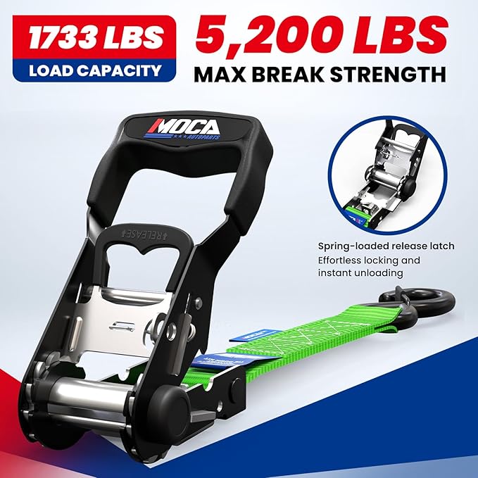 MOCA Green Heavy Duty Ratchet Tie Down Straps - 5,200 Lbs Breaking Strength 1.6" x 8', with 4 Heavy Duty Ratchet Padded Handles & Coated Chromoly S Hooks & 4 Soft Loop Tie-Downs (Green)