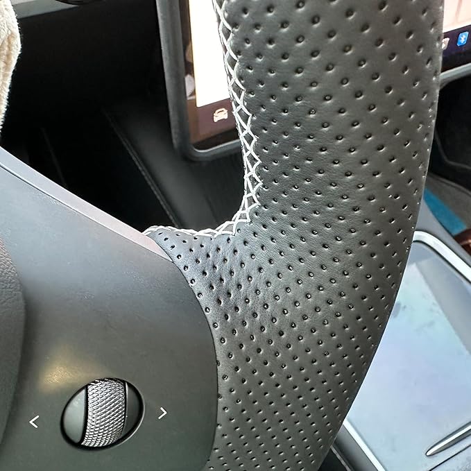 MEWANT DIY Hand Stitch Steering Wheel Cover for Tesla Model Y Model 3 Black Beige Faux Leather Steering Wheel Wrap
