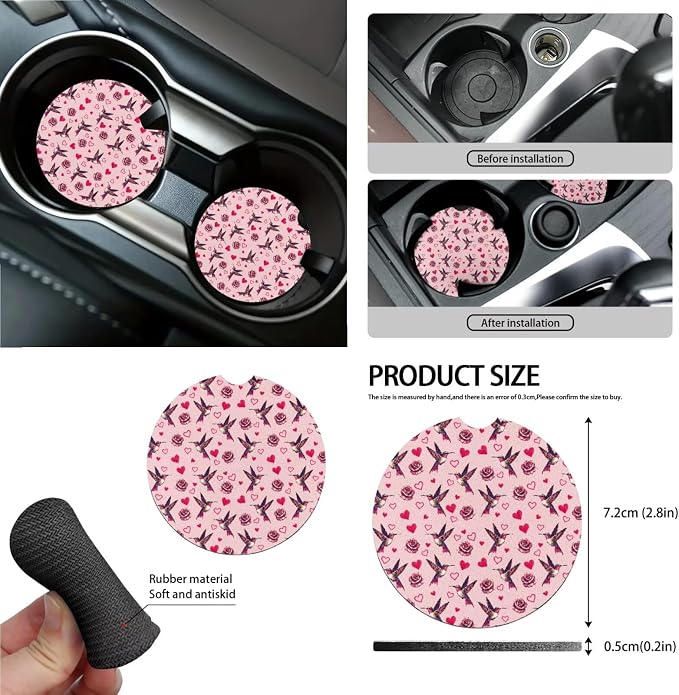Hummingbird Rose Heart Pattern Car Seat Covers for Women with Steering Wheel Cover and Seat Belt Pads, Trash Bin, Mirror Cover, Cup Coasters, Keychain, Pack of 15