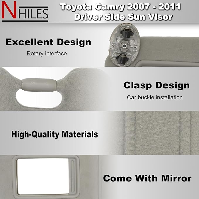 NHILES Left Driver & Right Passenger Side Sun Visor Compatible with Toyota Camry Without Light 2007 2008 2009 2010 2011 Replaces# 74320-06780-B0 0400230506B0 74310-06750-B0 Color Gray