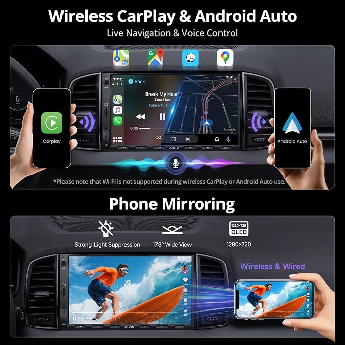 ATOTO A5L 7inch Android Double DIN Car Stereo, Wireless CarPlay&Android Auto, Wi-Fi/USB/BT Tethering, QLED Touch Screen Car CarPlay, DSP, MirrorLink, FM&SS Radio, HD LRV, HDMI Out, AI&GPS Tracking