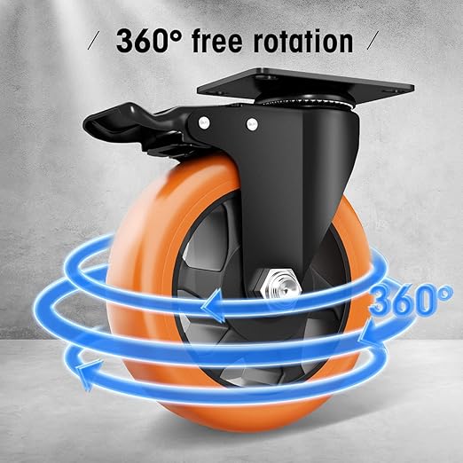 5" Swivel Plate Casters, 1400Lbs Capacity with Brake | Orange, 4-Pack, PU Wheels, Double Ball Bearings, Quiet & Non-Marking, for Workbenches