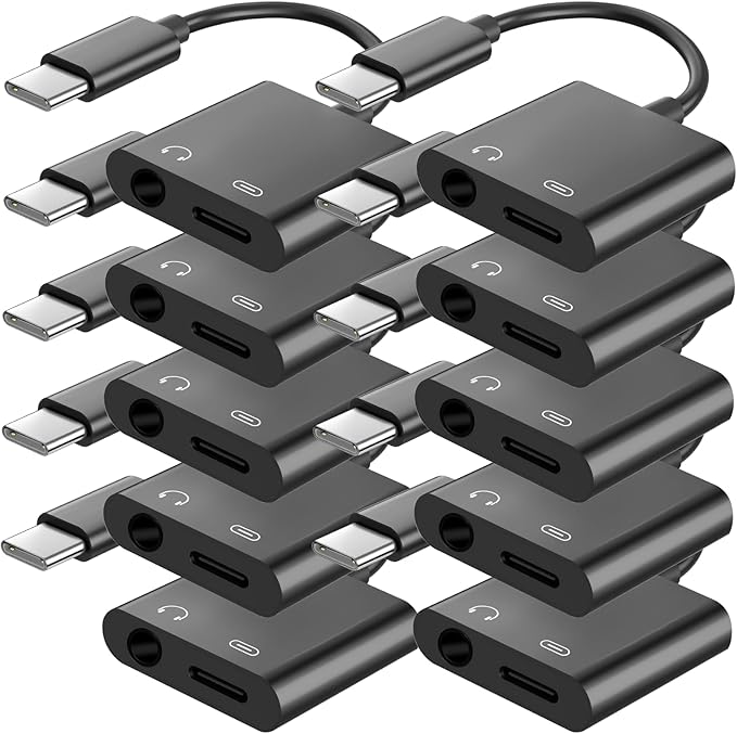 Seulliya USB C to 3.5mm Headphone Jack and Charger Adapter, 2-in-1 Audio & Fast Charging Splitter for Apple iPhone 17/16/15/Pro/Pro Max, iPad, Samsung, Pixel, and More 10Pack Black