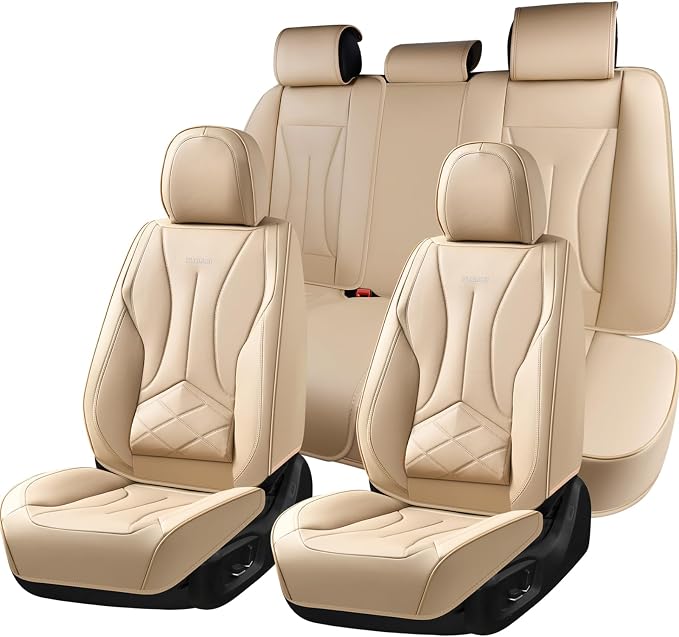 FLORICH Seat Cover, Leather Car Seat Covers Full Set, Waterproof Car Seat Protectors 5 Seats, Front and Rear Seat Covers for Cars, Automotive Seat Protector Fit for Most Sedans SUV Truck - Beige