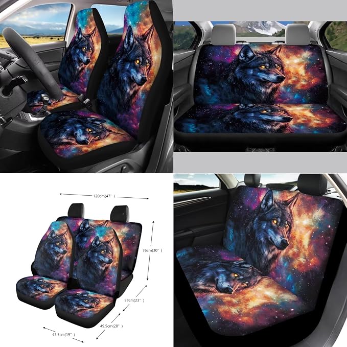 Wolf Galaxy Print 15PCS Car Seat Cover Front Back Seat Protector with Steering Wheel Cushion, Belt Pad, Trash Can Air Vent Bag Mirror Cover Universal Fit Most Cars