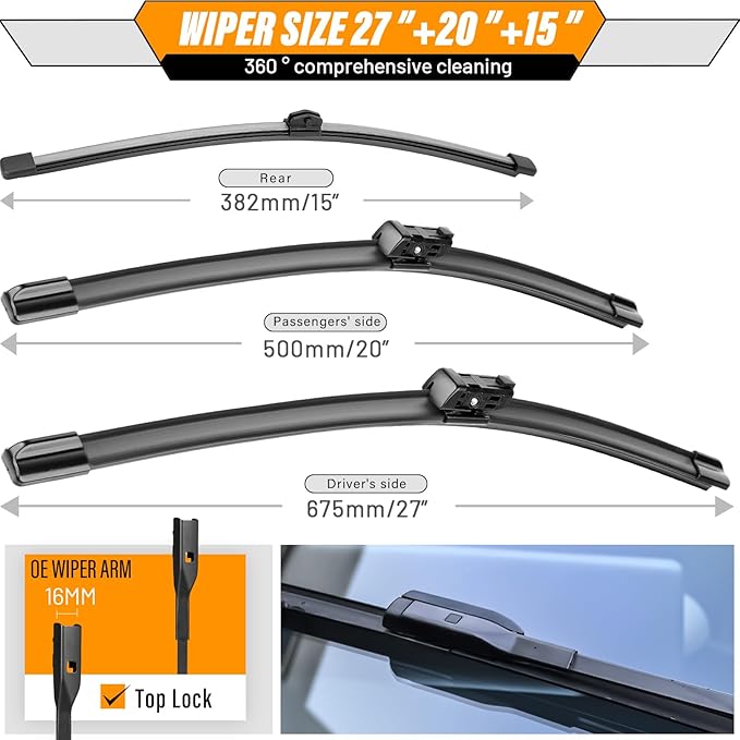 OEM Windshield Wiper Blade Replacement for Audi Q7 SQ7 2017 2018 2019 2020 2021 2022 2023 Original Equipment All-Season Rear Wiper Blade Set 27+20+15 (Set of 3)
