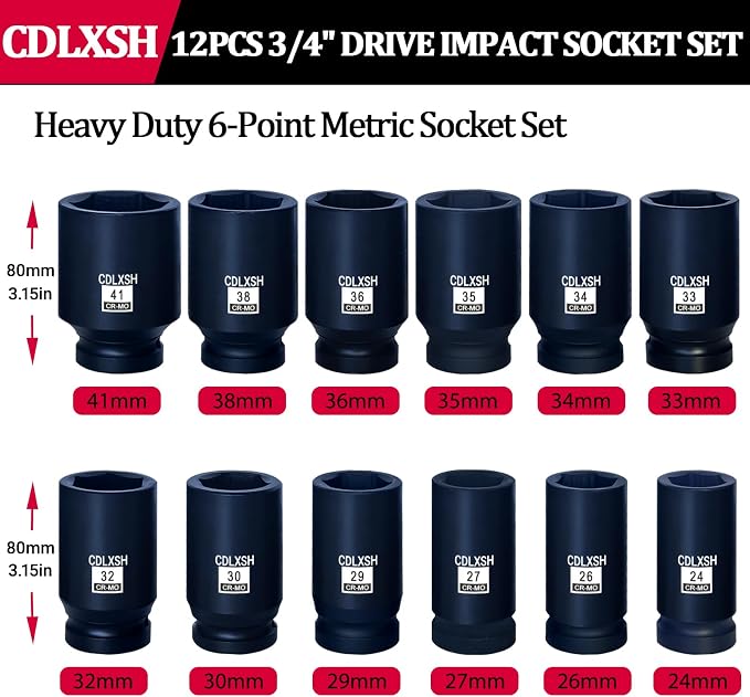 3/4 Inch Drive Impact Socket Set, 12 Pcs Metric Deep Impact Sockets | Standard 6-Point Metric Socket Set(24mm-41mm), Cr-Mo Steel, Overall Heat Treatment for Vehicle and Equipment Repair